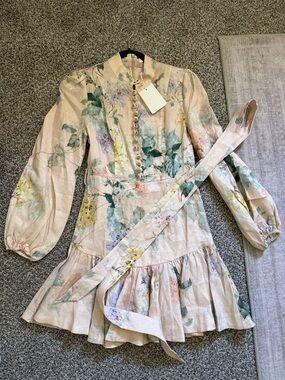 Zimmermann Floral Long Sleeve Mini Dress in Blush and Green